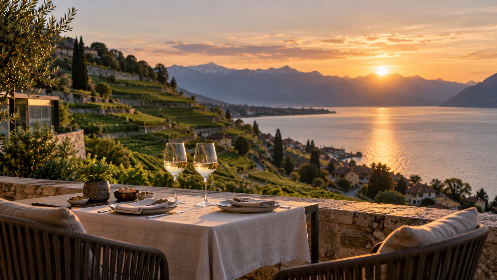 Vineyard terraces and a tasting table at sunset